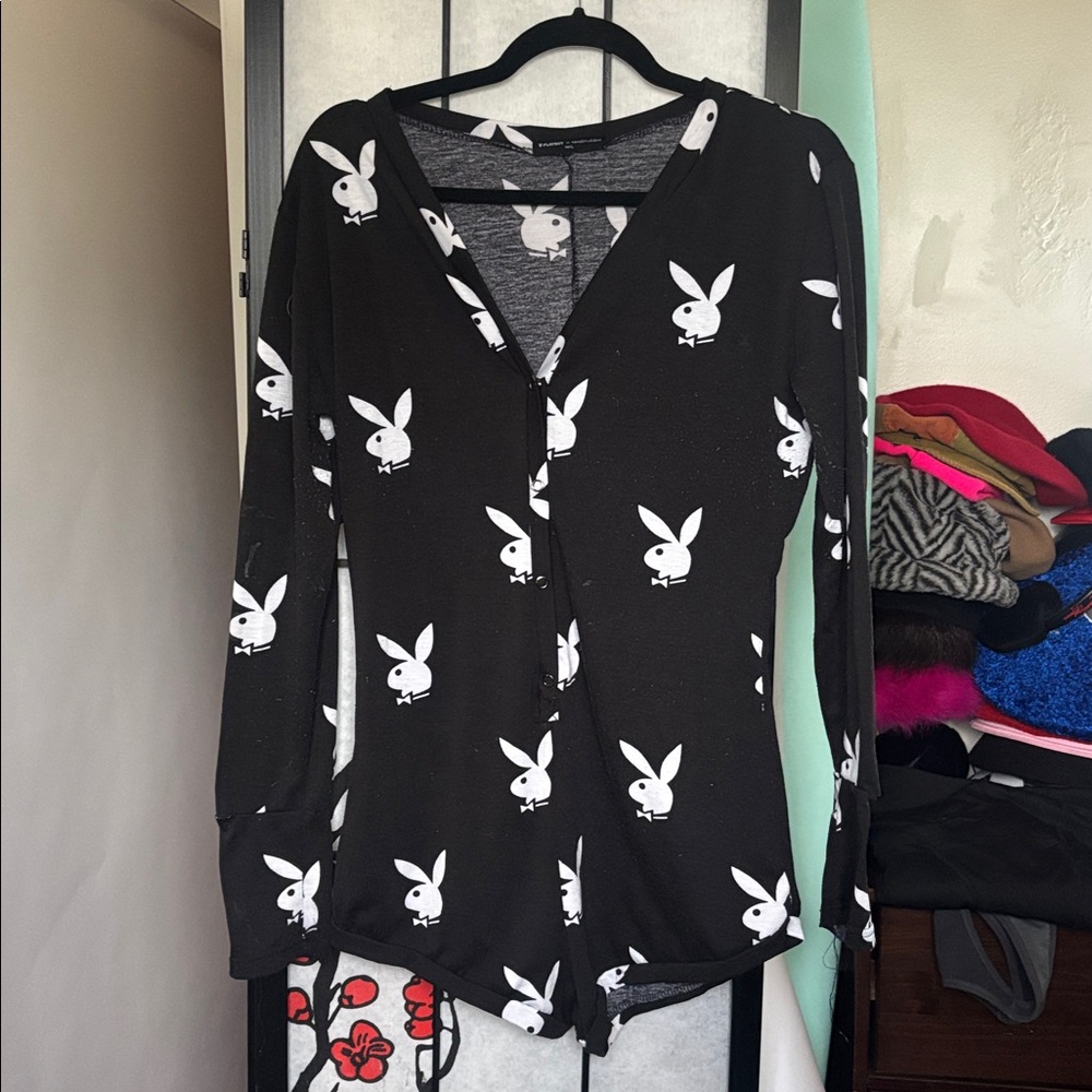 Playboy Black Bunny Print Long Sleeve Romper